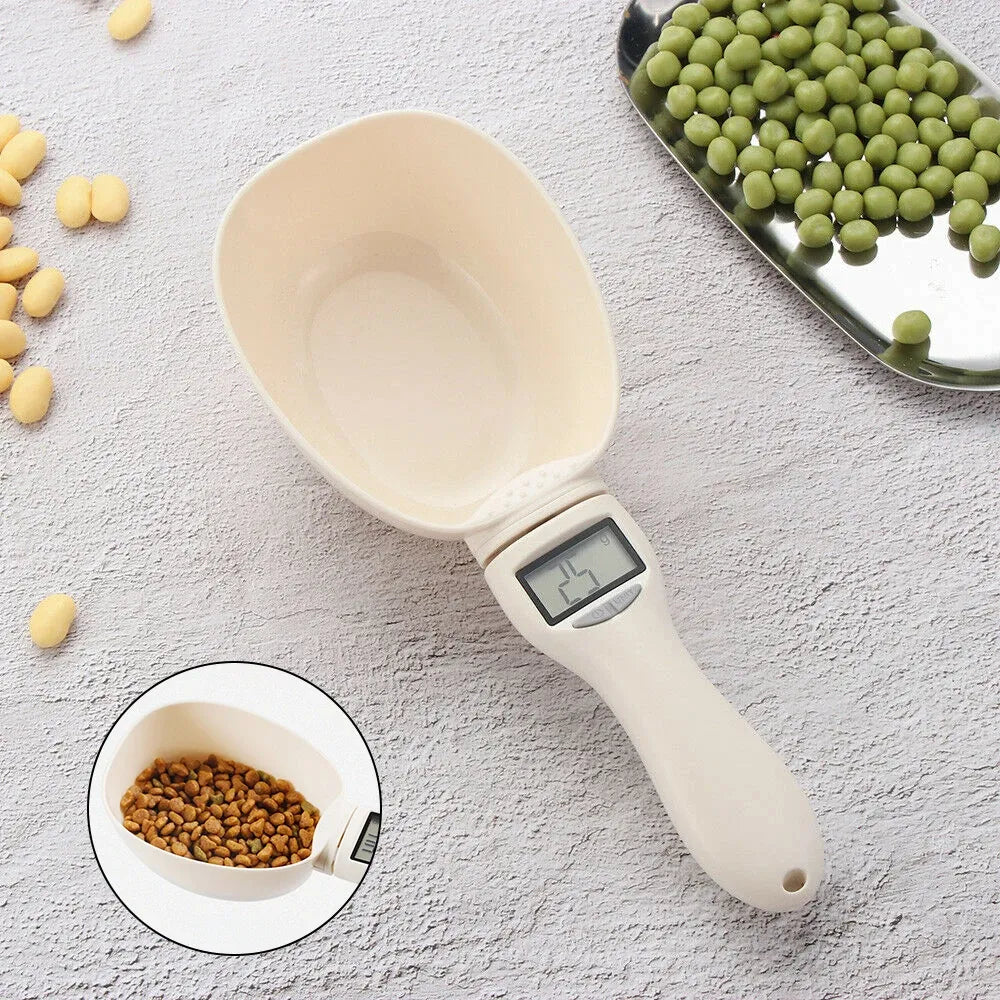 Cuchara medidora digital para comida de mascotas con pantalla LCD y ración de croquetas
