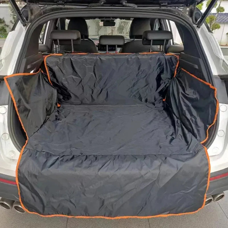Manta protectora para maletero de coche con bordes naranjas, ideal para mascotas y viajes seguros