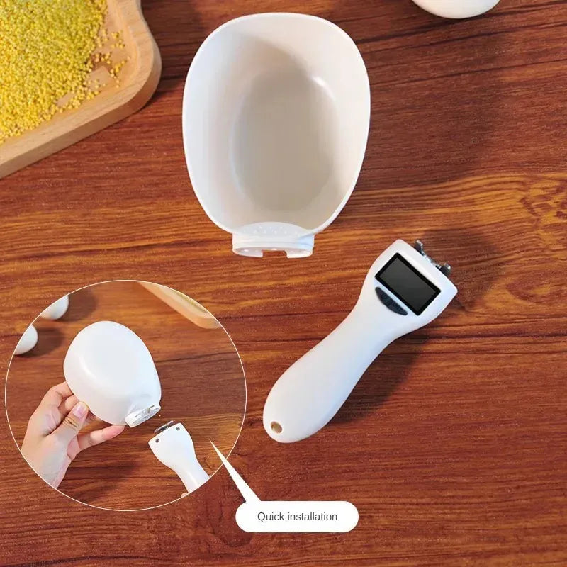 Medidor digital para comida de mascotas con instalación rápida y recipiente blanco