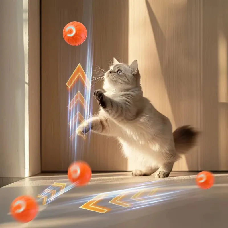 Gato jugando con pelotas interactivas y luces LED en casa, diversión para mascotas