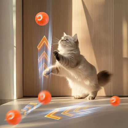 Gato jugando con pelotas interactivas y luces LED en casa, diversión para mascotas