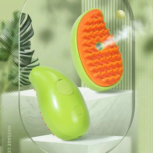 Cepillo masajeador para mascotas con vapor, diseño verde y naranja, ideal para cuidado y bienestar canino