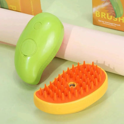 Cepillo de masaje para mascotas con spray, diseño verde y naranja, ideal para cuidado y bienestar animal