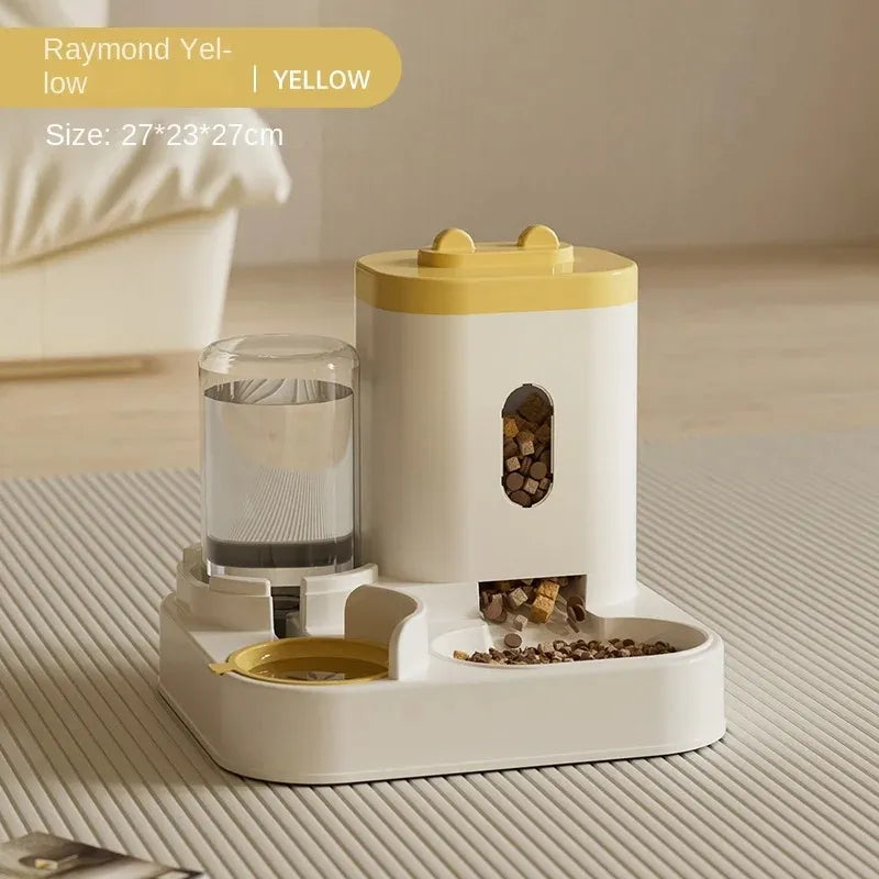 Comedero automático para mascotas con dispensador de agua y comida, color amarillo y blanco, ideal para perros y gatos