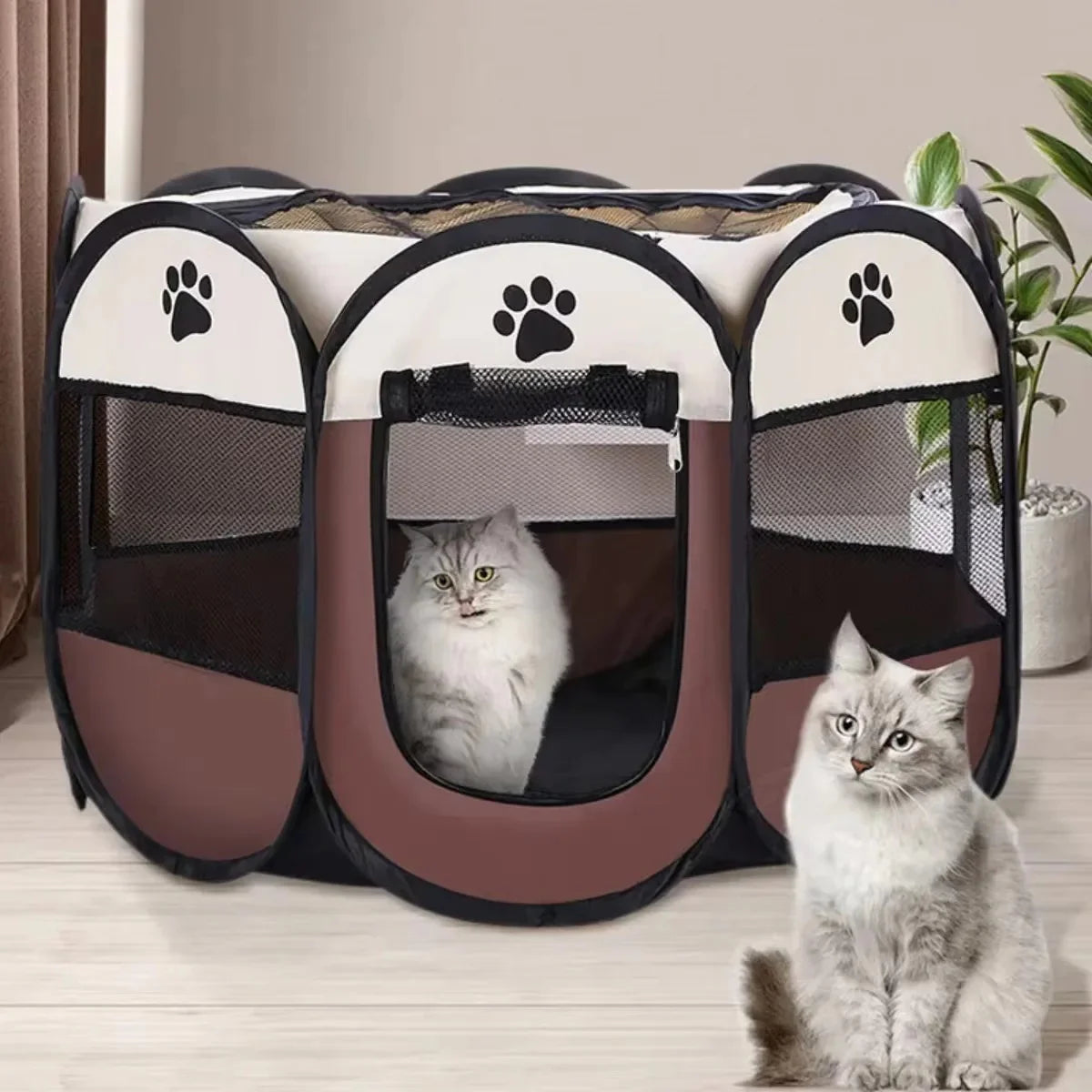 Casa para gatos con diseño de huella, ideal para mascotas en interiores con espacio seguro y ventilado