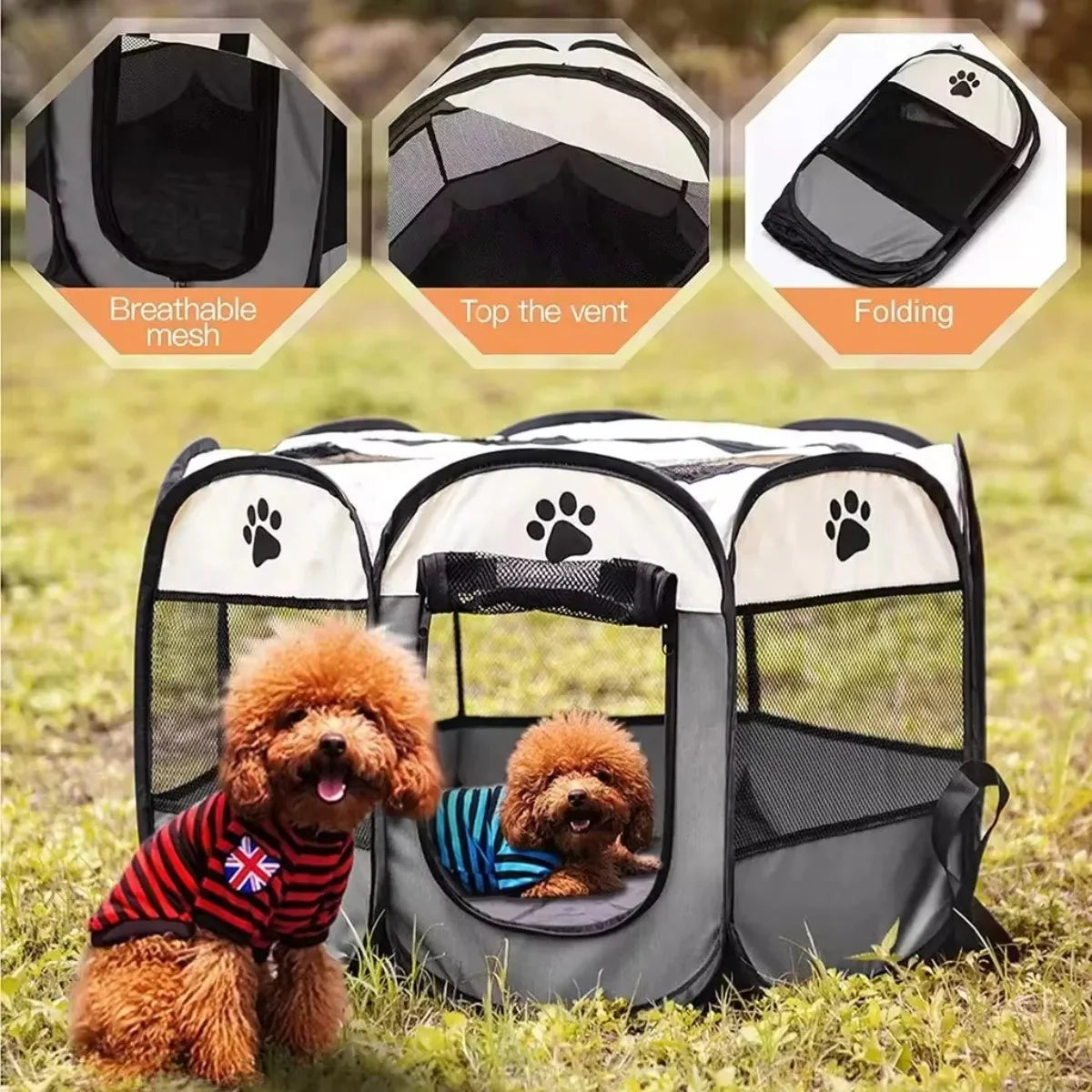 Jaula plegable para perros con malla transpirable y ventilación superior, ideal para mascotas en exteriores