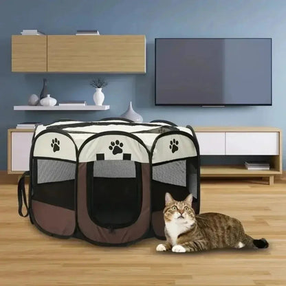 Casa portátil para gatos con diseño de huellas, ideal para mascotas en hogares modernos