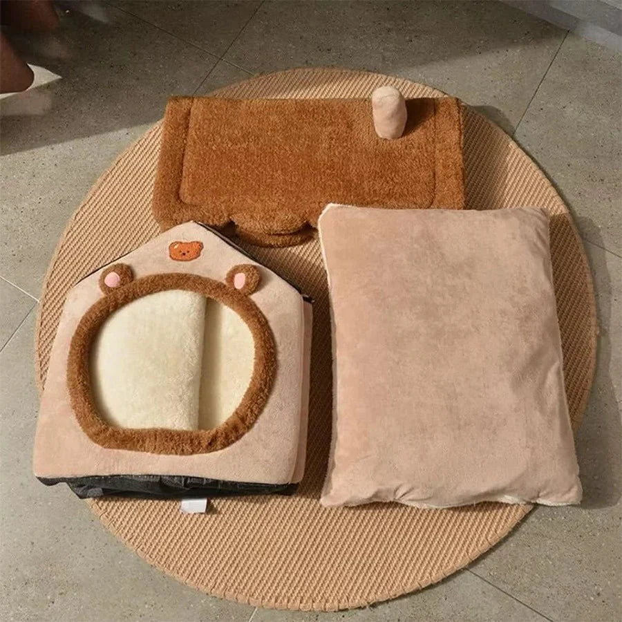 Cama acogedora para mascotas con diseño de oso, cojín y alfombra suave para perros y gatos