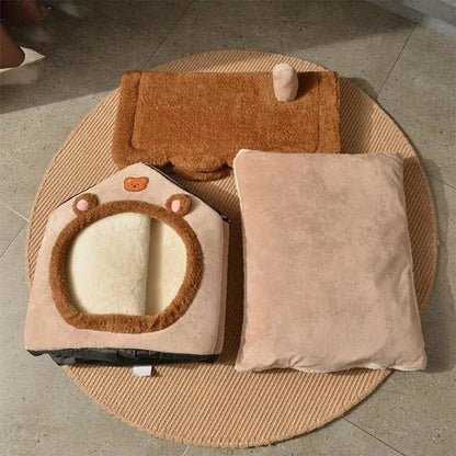 Cama acogedora para mascotas con diseño de oso, cojín y alfombra suave para perros y gatos