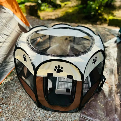 Jaula plegable para perros con diseño de huellas, ideal para camping y viajes al aire libre