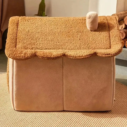 Casa acogedora para mascotas con tejido suave y diseño de techo ondulado, ideal para gatos y perros pequeños