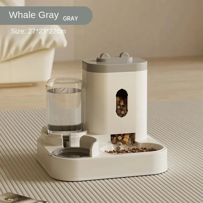 Comedero y bebedero automático para mascotas en gris ballena, con dispensador de comida y agua