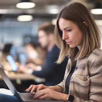 Mujer trabajando en laptop en oficina moderna, concentrada en su tarea