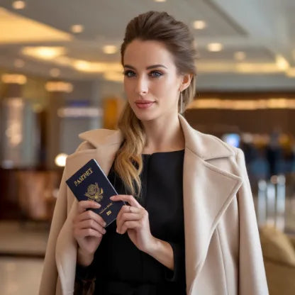 Mujer sosteniendo pasaporte en aeropuerto, listo para viajar con mascotas