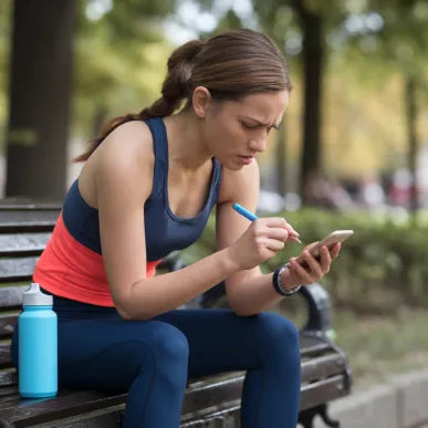 Mujer en banco de parque usando teléfono móvil, con botella de agua azul, vestida para ejercicio al aire libre