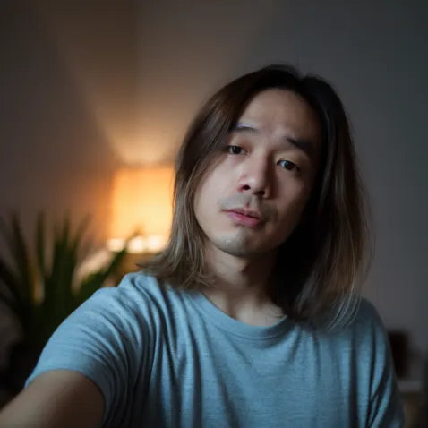 Hombre con cabello largo tomando selfie en ambiente cálido con lámpara y planta