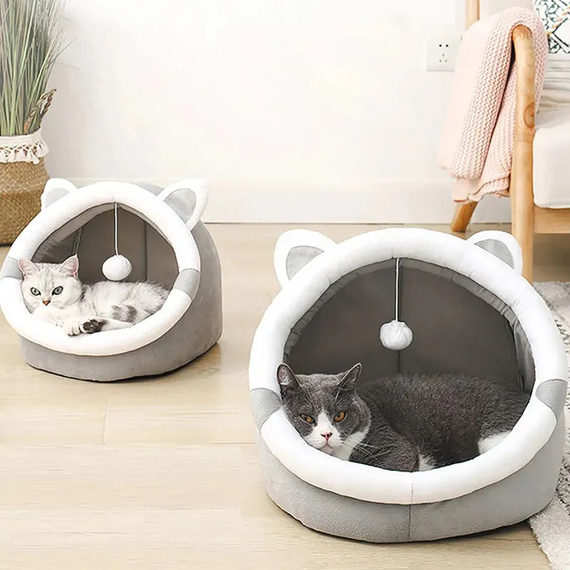 Camas para gatos con orejas y juguete colgante, cómodas y acogedoras para mascotas