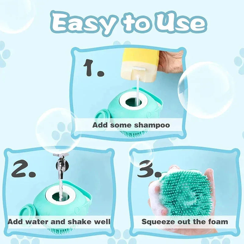 Cepillo espumador para mascotas, fácil de usar: añade champú, agua y agita para generar espuma suave