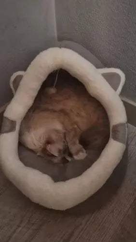 Gato durmiendo en cama acogedora con forma de orejas, ideal para mascotas