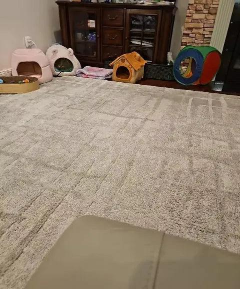 Alfombra suave para mascotas con casitas y juguetes en sala de estar
