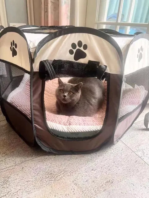 Gato gris en jaula portátil con estampado de huella, ideal para mascotas en casa
