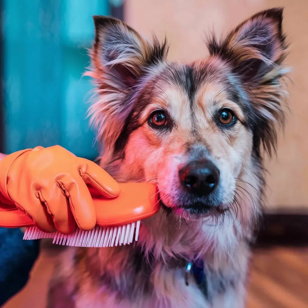 Cepillado de perro con cepillo naranja y guante, cuidado y bienestar mascotas