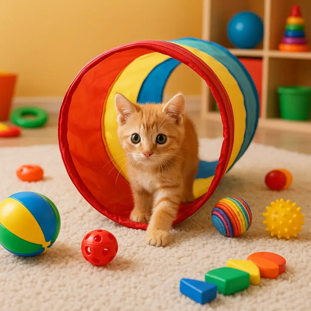 Gatito jugando en túnel de colores con pelotas y juguetes para gatos