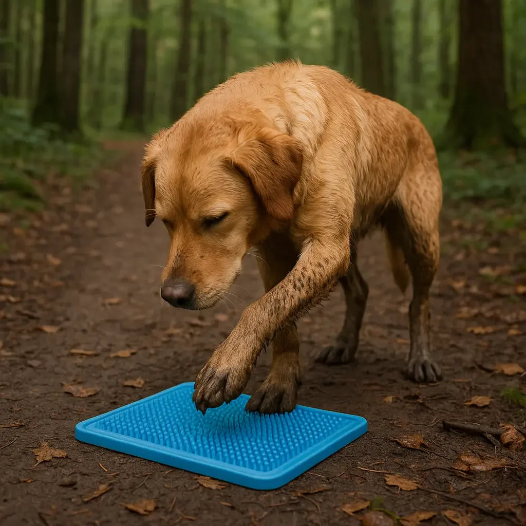 Perro jugando con alfombra de estimulación azul en bosque, juego interactivo para mascotas